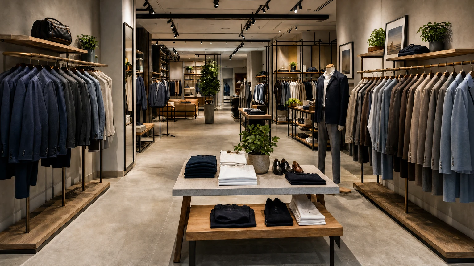 Illustrative clothing-store interior with racks and a central display table