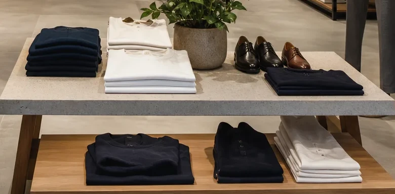 Illustrative detail of folded shirts on a display table